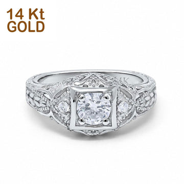 14K White Gold Round Antique Style Wedding Engagement Ring Simulated CZ Size-7